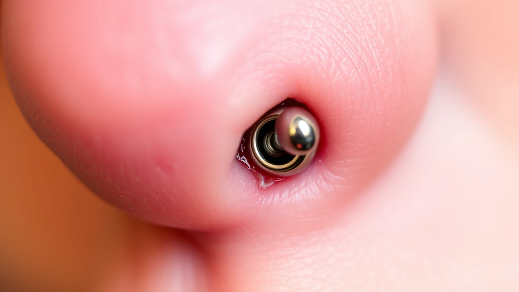 Close-up of healed nipple piercing with high-quality titanium jewelry, showing healthy tissue with no redness, swelling, or discharge