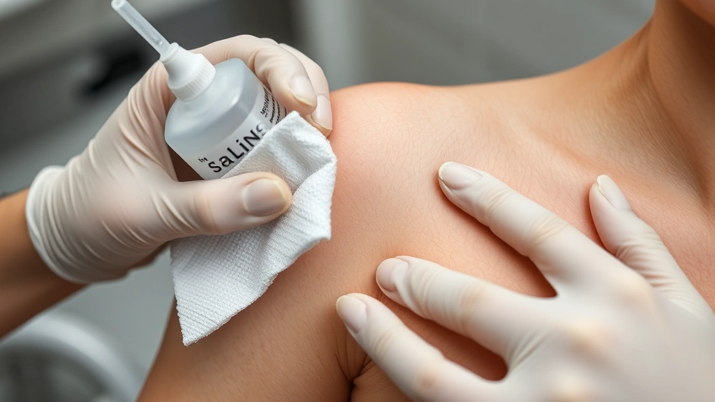 Person applying sterile saline solution with gauze to fresh nipple piercing during aftercare cleaning, demonstrating proper wound care technique