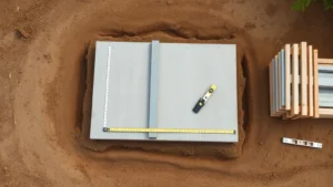 Aerial view of shed foundation with concrete pad, measuring tape, level tool, and framing lumber stacked nearby on cleared dirt site