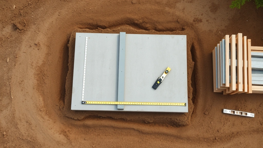 Aerial view of shed foundation with concrete pad, measuring tape, level tool, and framing lumber stacked nearby on cleared dirt site
