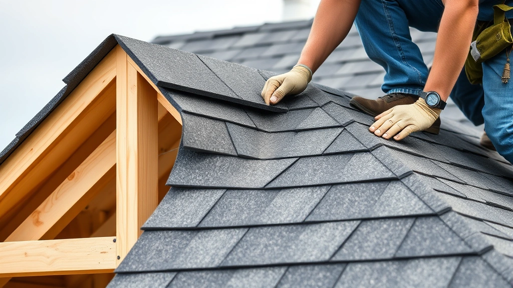 Close-up of roof framing with carpenter installing asphalt shingles on gable roof, showing proper nail placement and shingle overlap technique