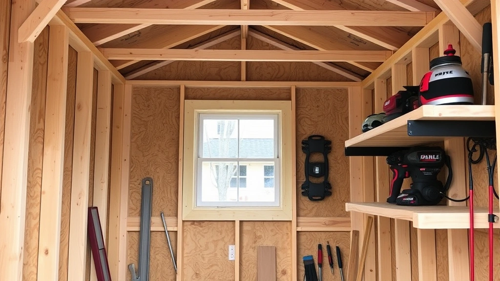 Interior view of completed shed frame with plywood wall sheathing, installed window opening with flashing, and organized tool storage shelving
