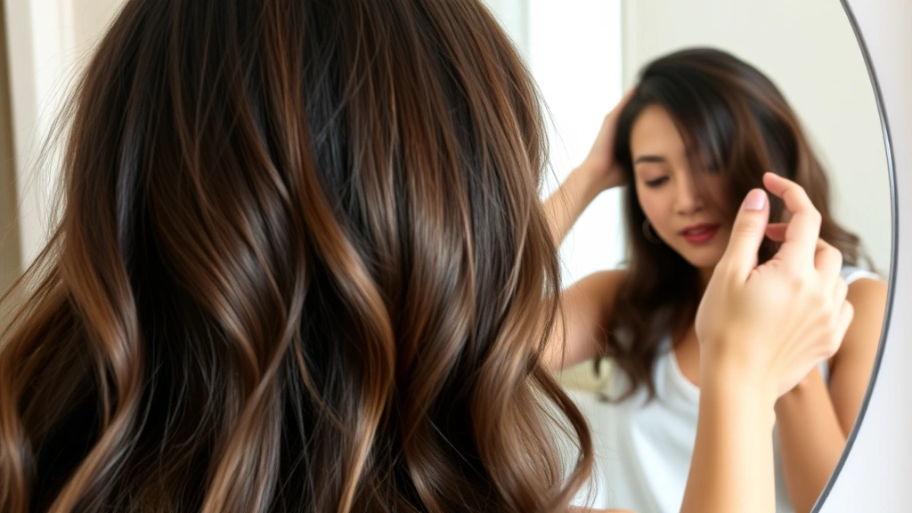 Woman examining her hair in mirror showing improved hair thickness and density, natural bathroom lighting, focus on hair texture and volume