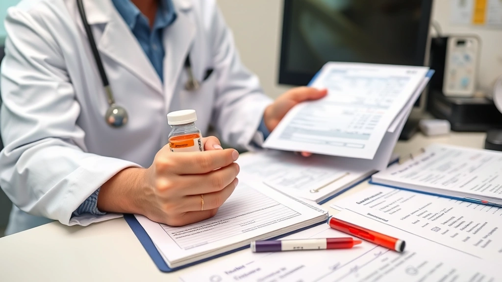 Medical professional reviewing patient blood work results and notes at desk, showing spironolactone medication bottle and monitoring documentation, clinical setting