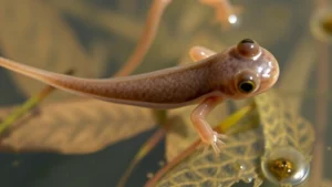 Close-up of tadpole with visible hind leg buds emerging from body, swimming in clear freshwater with aquatic plants visible, natural pond environment lighting