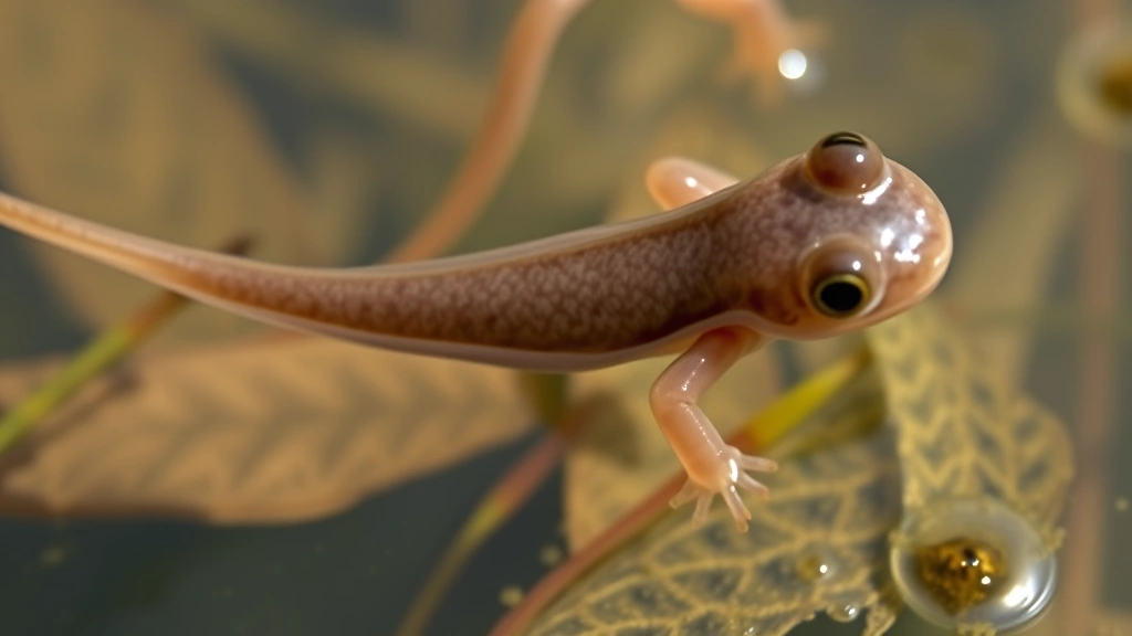 Close-up of tadpole with visible hind leg buds emerging from body, swimming in clear freshwater with aquatic plants visible, natural pond environment lighting