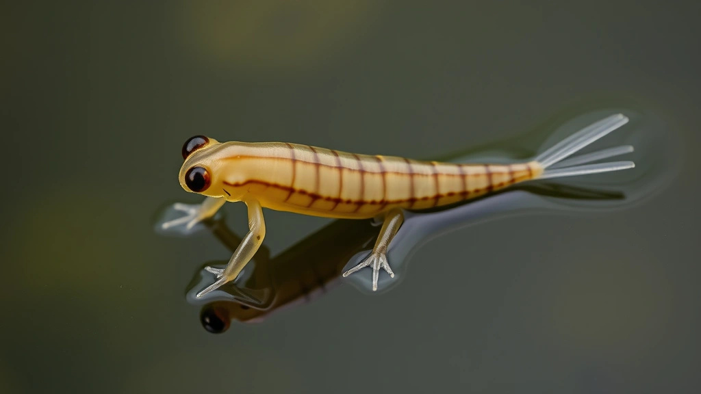 Developing tadpole with both hind and front legs visible, shortened tail being reabsorbed, positioned at water surface preparing for air breathing transition