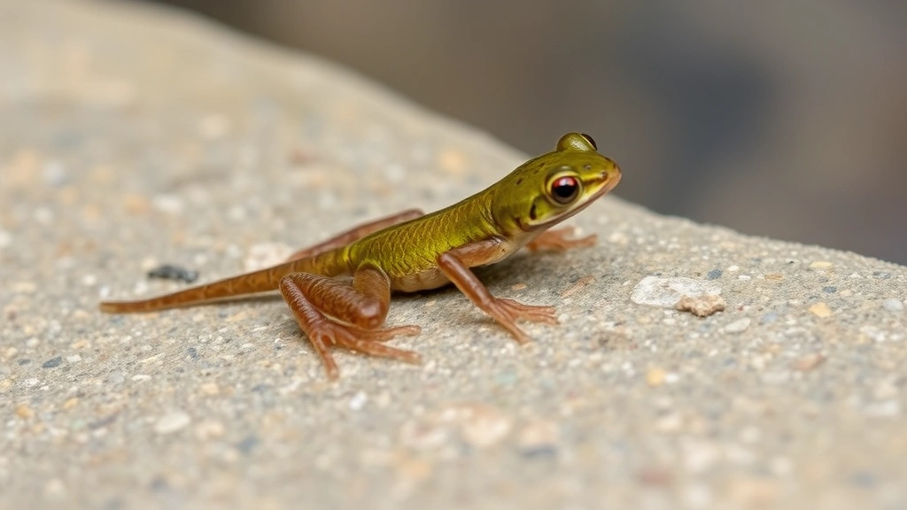 Young froglet with minimal tail remaining, sitting on smooth rock beside water, demonstrating final metamorphosis stage, terrestrial habitat preparation