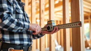Professional carpenter measuring wooden framing with metal tape measure and torpedo level on residential construction site, bright natural lighting showing precision work