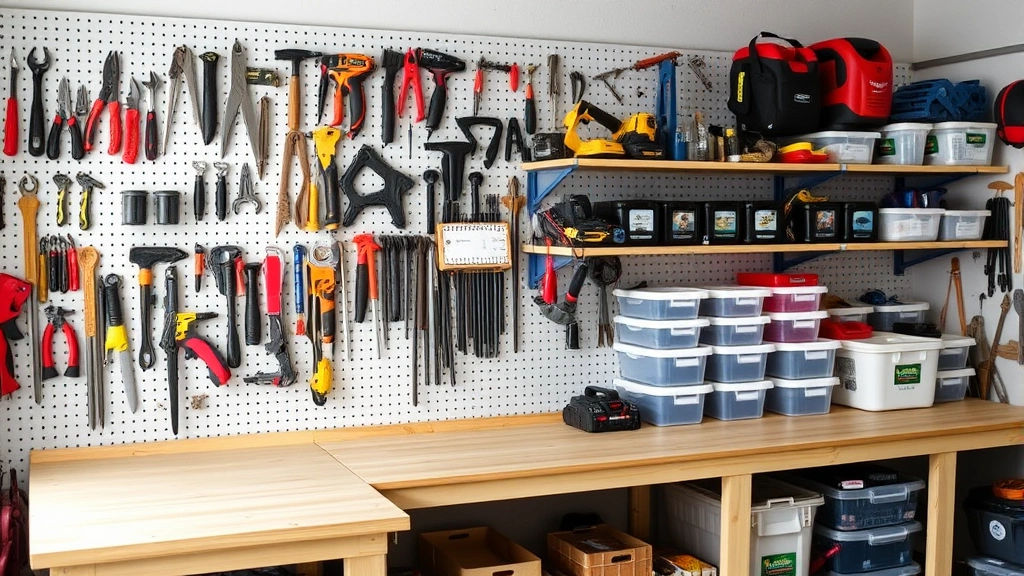 Organized garage workshop with pegboard wall displaying hand tools, power tools on shelves, labeled storage containers, and clean workbench ready for project work