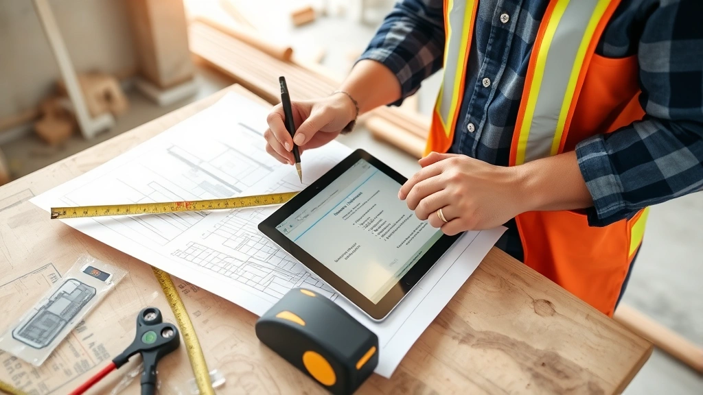 Contractor reviewing building blueprint and specifications at construction site with tablet device, measuring tape, and safety equipment visible on work table