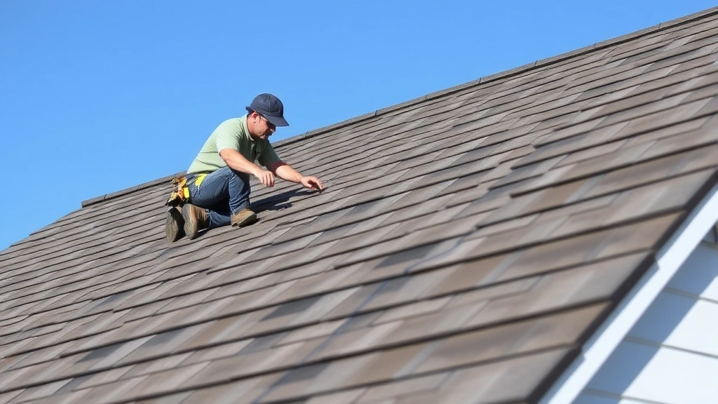 Professional roofer installing architectural asphalt shingles on residential roof, demonstrating proper fastener placement and alignment with chalk lines, working on moderate-pitch roof with safety harness