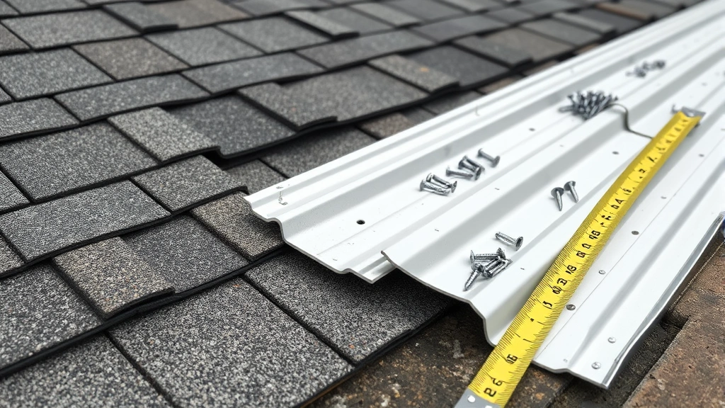 Close-up of roofing materials including asphalt shingles, metal roofing panels, flashing components, and roofing nails organized on work surface with measuring tape