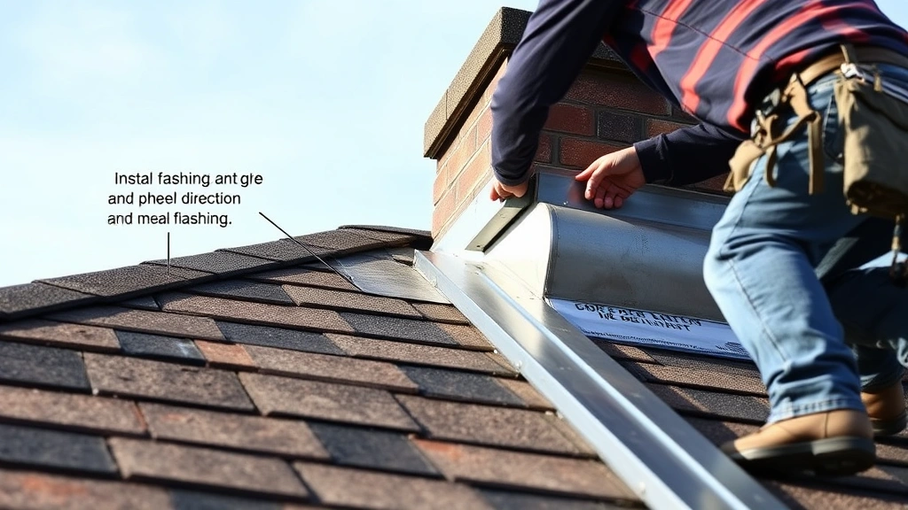 Roofer installing metal flashing around chimney penetration, showing proper overlap technique and water drainage direction on pitched roof with clear sky background