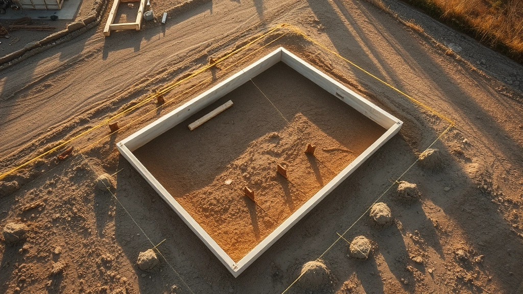 Aerial view of marked shed foundation with batter boards and string lines on cleared ground, level site preparation visible, morning sunlight