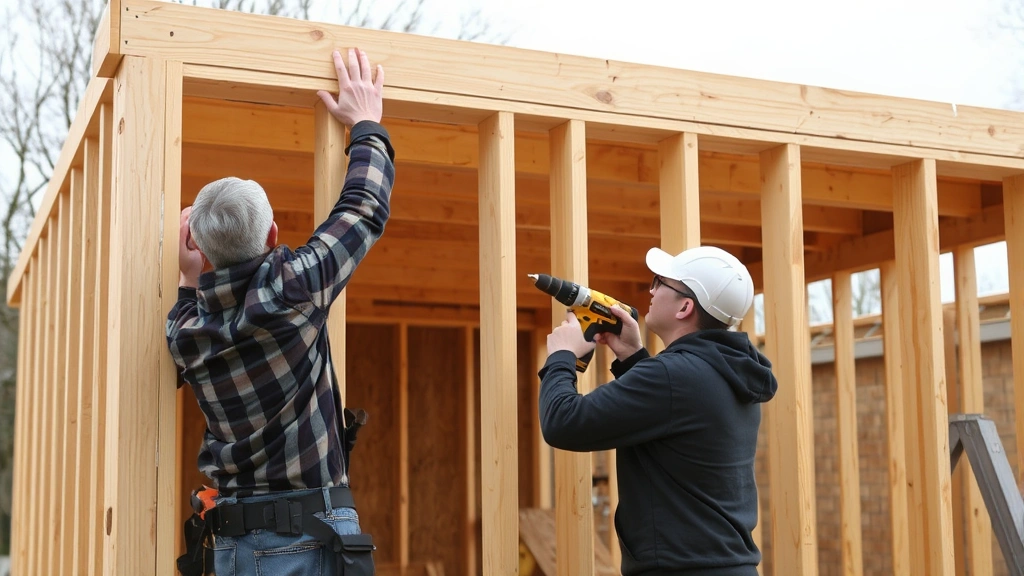 Worker raising wooden wall frame with helper, wall studs and plates visible, power drill in use, partially assembled shed structure in background