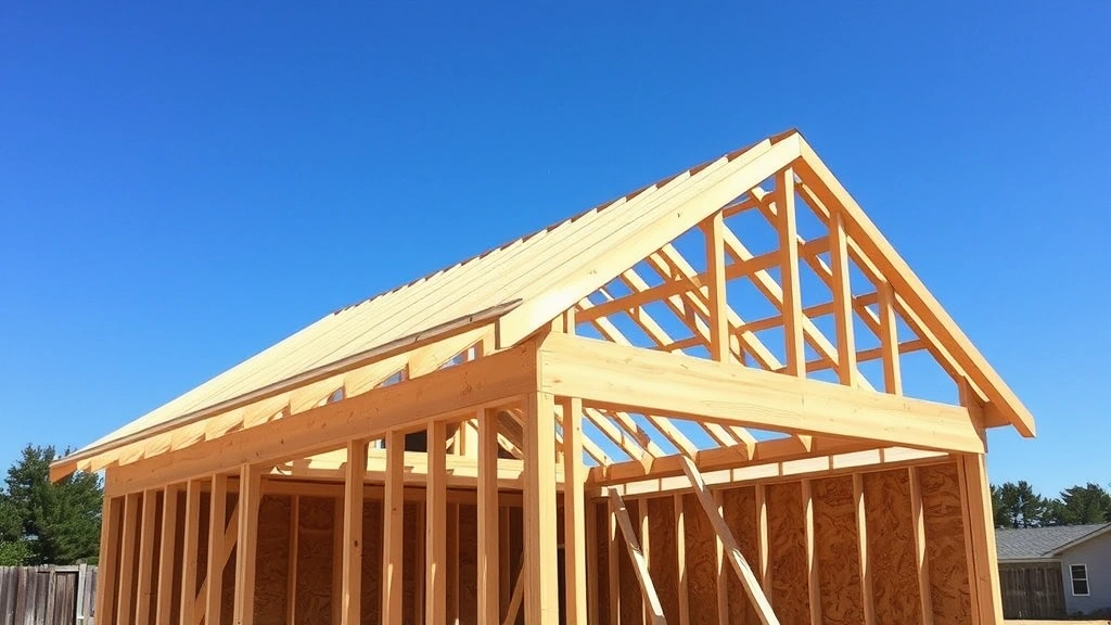 Completed shed roof framing showing gable design, roof trusses installed, sheathing partially complete, clear sunny day with blue sky