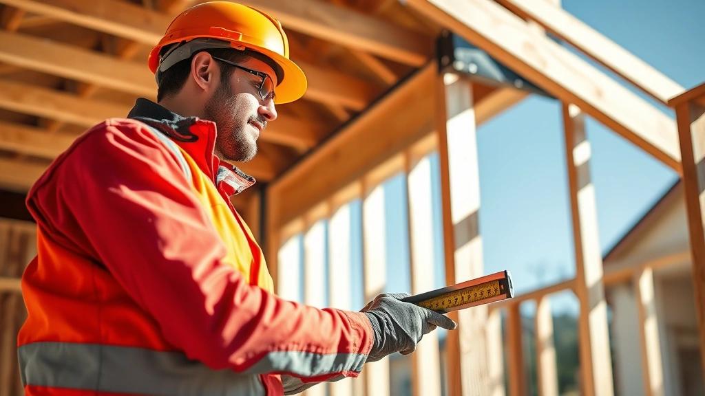 Professional carpenter in safety gear measuring wooden framing on a residential construction site, using measuring tape and carpenter's square, bright natural lighting showing precision work