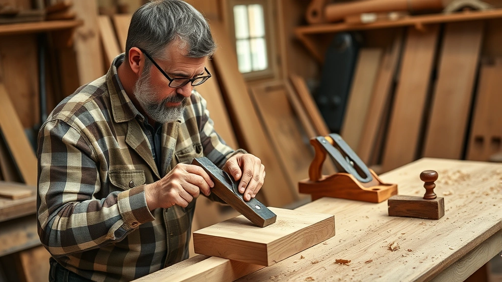 Experienced journeyman carpenter teaching apprentice proper hand tool techniques with chisels and planes on fine woodworking project, workshop setting with natural wood shavings visible