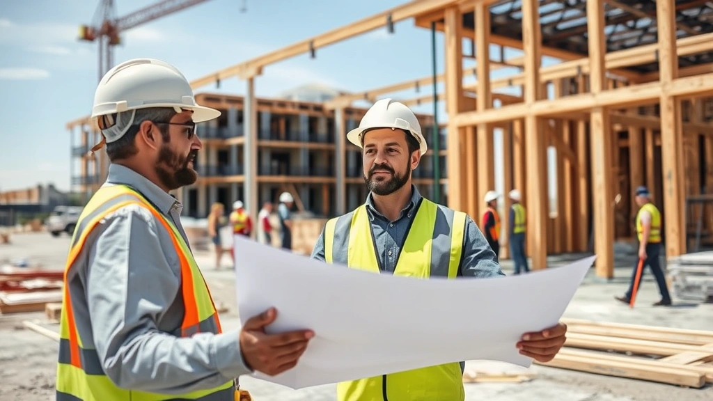 Master carpenter supervising complex commercial construction framing project, reviewing blueprints on-site with multiple workers, modern construction equipment and partially completed building structure visible