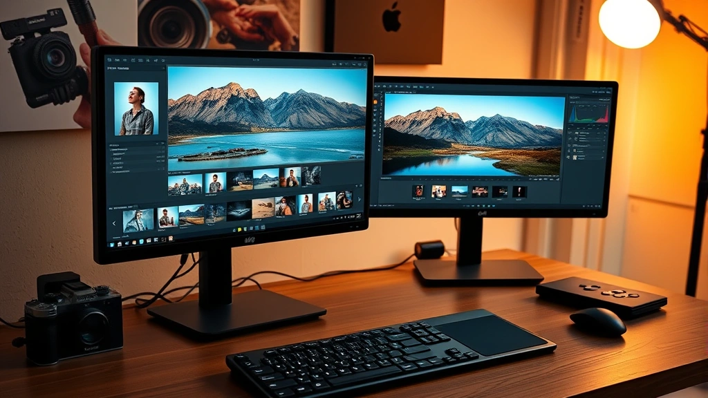 Professional photography editor workspace with dual monitors displaying edited images in Lightroom and Photoshop, keyboard and graphics tablet visible, warm studio lighting