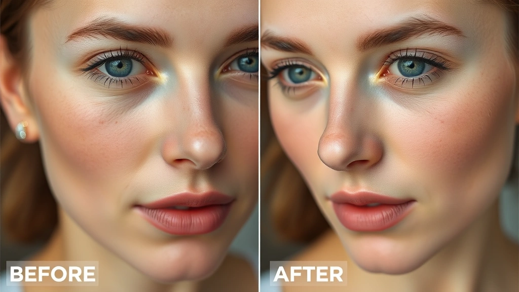 Close-up of before-and-after portrait editing showing subtle skin retouching and color grading adjustments, professional photography quality