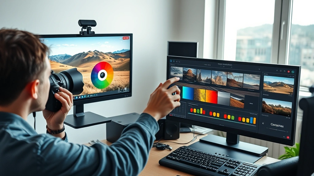Photography editing student practicing color grading on landscape images, concentration on monitor showing color wheel and adjustment panels, natural daylight office setting