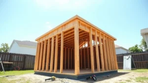 Wide angle photograph of a partially framed shed structure showing wooden wall studs and roof rafters being assembled, with power tools visible on the ground, clear sunny day, residential backyard setting