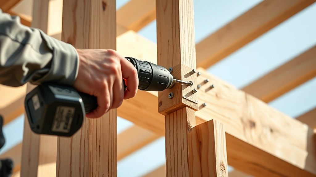 Close-up action shot of a builder's hands using a cordless drill to secure wall framing connections, demonstrating proper construction technique with visible lumber and fasteners in daylight