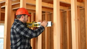 Professional framing of wall studs with 2x4 lumber and top plates in residential construction, showing proper spacing and alignment with carpenter using level tool