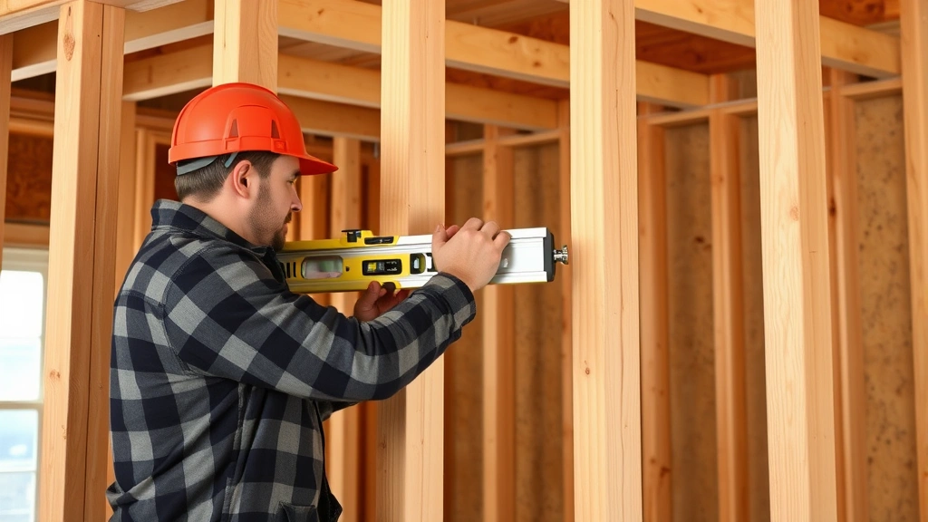 Professional framing of wall studs with 2x4 lumber and top plates in residential construction, showing proper spacing and alignment with carpenter using level tool