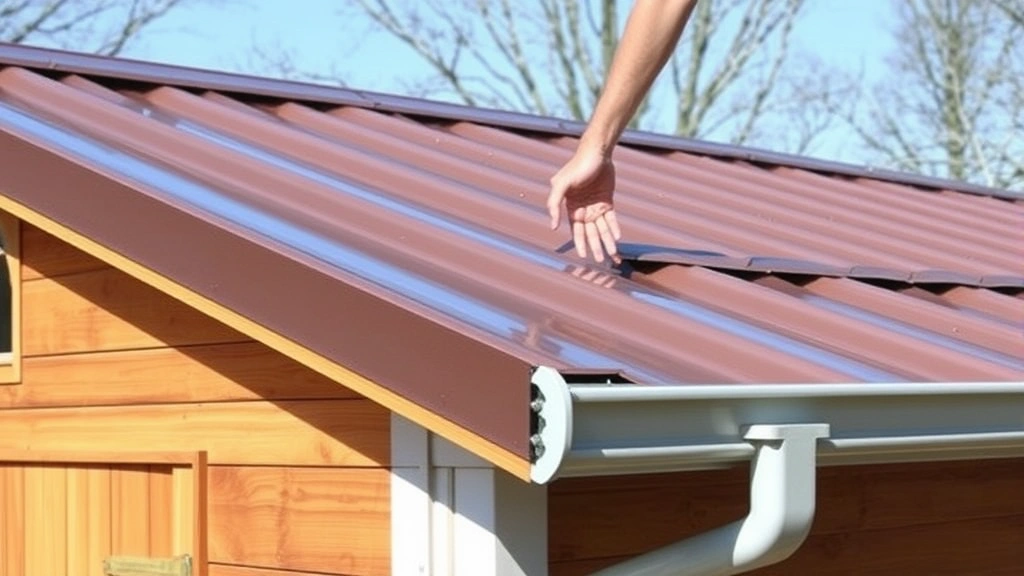 Metal roofing installation on residential shed, showing roofer securing panels with fasteners, proper overlapping technique, and completed gutter system