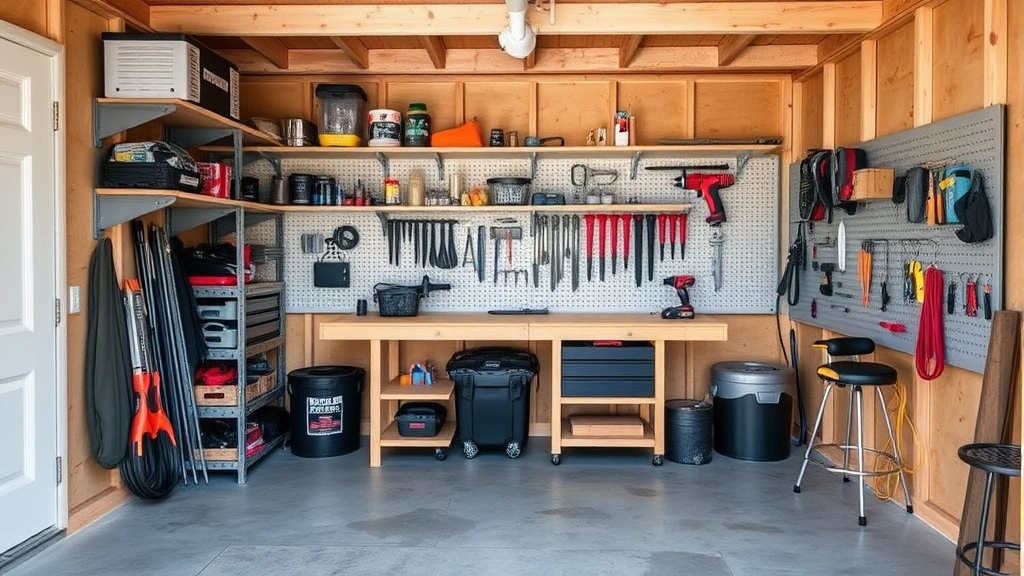 Interior shed storage organization with wall-mounted shelving, workbench, pegboard tool organization, and concrete flooring in finished workshop space