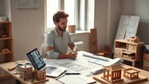 Architecture student working at drafting desk with laptop and blueprints, natural light from studio window, detailed design work visible on screen, professional workspace with architectural models nearby