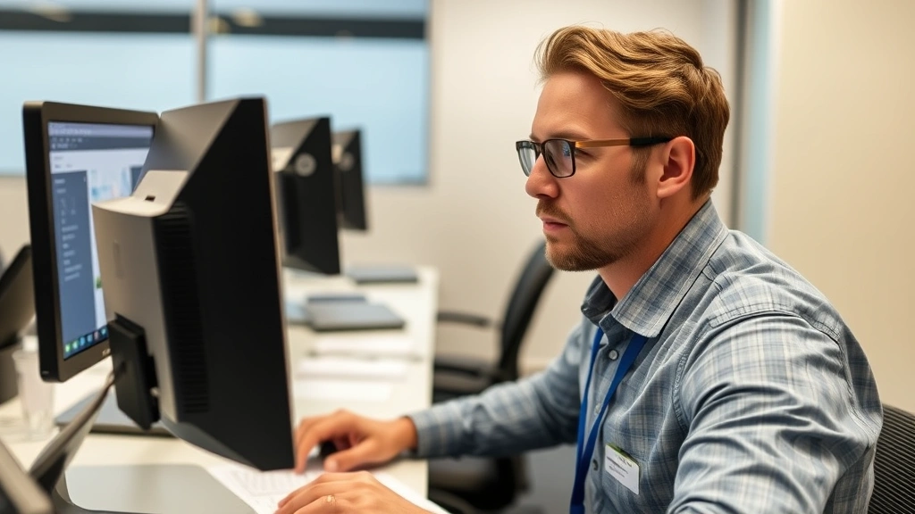 Architect taking professional licensing exam at computer testing center, focused expression, organized testing environment, exam ID visible, professional office setting with neutral background