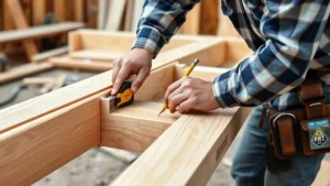 Professional carpenter measuring and marking pressure-treated lumber for deck frame construction with tape measure and pencil, showing proper material handling and workspace organization