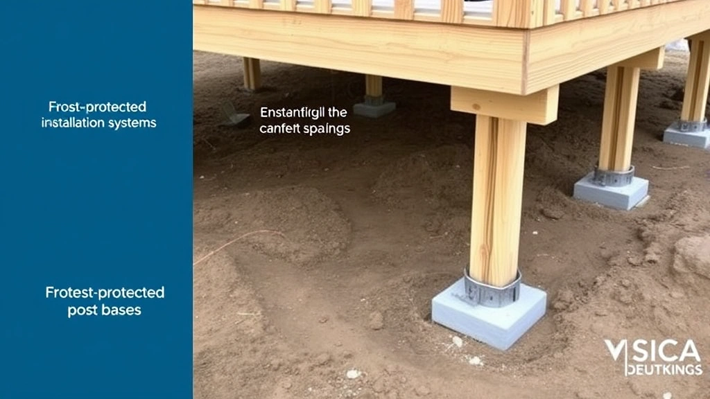 Completed deck foundation showing concrete footings with installed adjustable post bases at proper spacing, demonstrating frost-protected installation methods and structural support systems