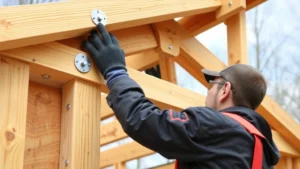 Professional carpenter installing wooden roof rafters on a shed frame, securing connections with metal brackets and nails, showing proper bird's mouth cuts and rafter spacing during construction