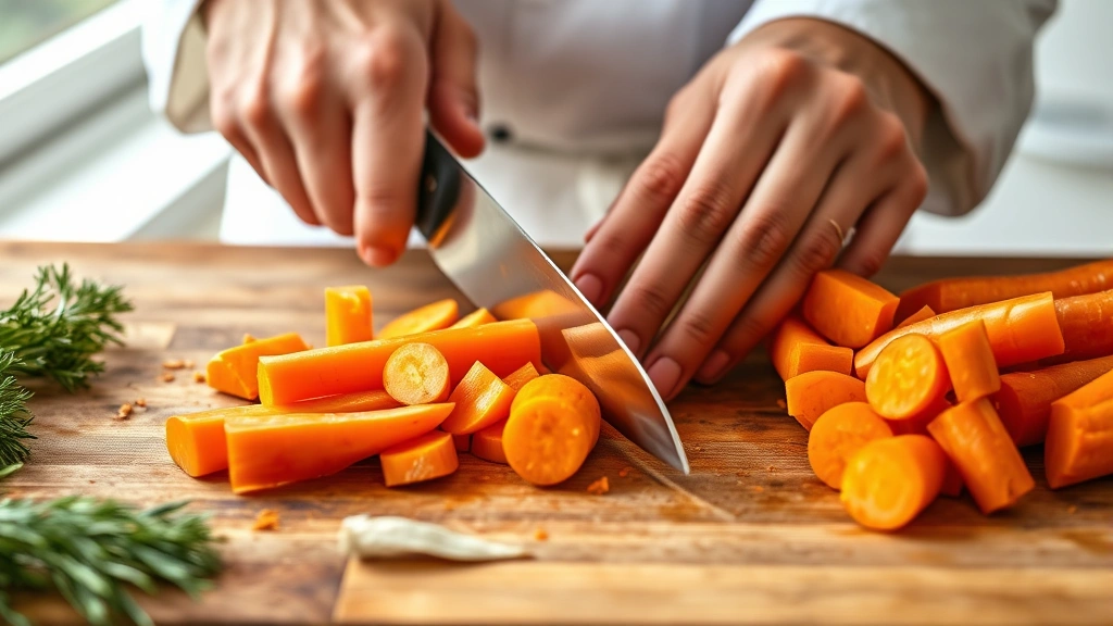 Close-up of chef's hands cutting fresh orange carrots on wooden cutting board with sharp chef's knife, showing uniform diagonal cuts against natural kitchen lighting