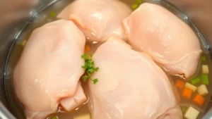 Close-up of raw boneless chicken thighs in a stainless steel pot with boiling water and visible steam, fresh herbs and diced vegetables partially submerged in clear broth