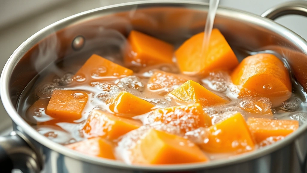 Golden-orange sweet potatoes boiling in stainless steel pot with rolling water, steam rising, natural kitchen lighting, close-up side view showing bubbling water and vegetables