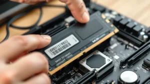 Close-up of hands carefully installing RAM into motherboard slot with proper seating technique, showing retention clips and professional workspace setup
