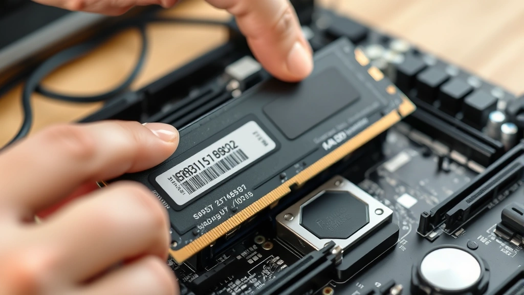 Close-up of hands carefully installing RAM into motherboard slot with proper seating technique, showing retention clips and professional workspace setup