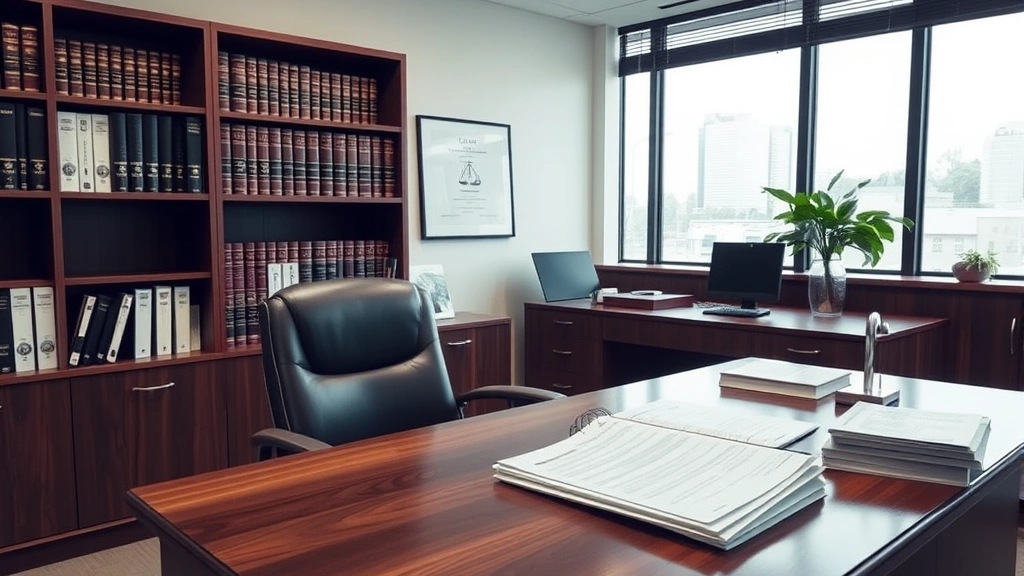 Professional legal office interior with wooden desk, documents, and law books on shelves, showing organized paperwork and filing system representing court procedures and legal documentation