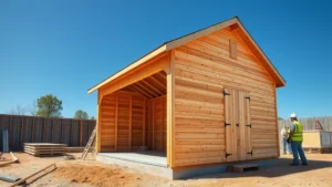Wide-angle photograph of a completed wooden shed with gable roof, concrete pier foundation visible, clear blue sky background, fresh construction materials organized neatly nearby, two workers in safety gear standing beside the structure
