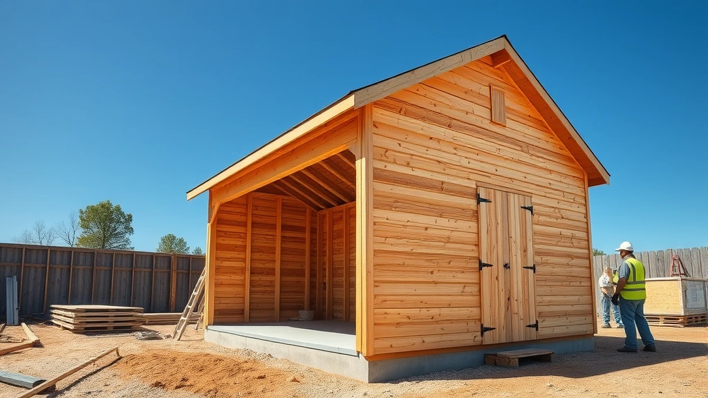 Wide-angle photograph of a completed wooden shed with gable roof, concrete pier foundation visible, clear blue sky background, fresh construction materials organized neatly nearby, two workers in safety gear standing beside the structure