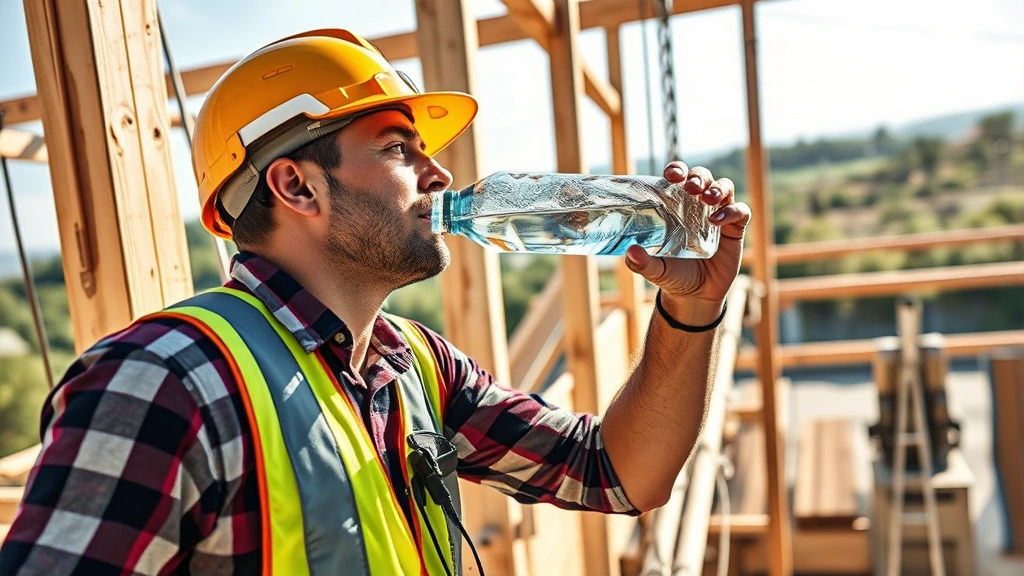 Construction worker on scaffolding drinking water from a bottle during hot sunny day, sweat visible, safety gear on, focused expression, outdoor building site with lumber and tools visible