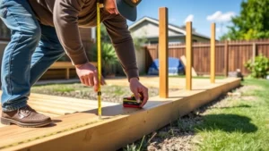 Professional carpenter measuring and marking deck post locations on ground using laser level and chalk line, sunny day, residential backyard setting
