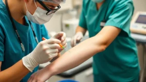 Professional phlebotomist inserting dual needles into donor's arms for platelet apheresis, showing proper needle placement and sterile technique in clinical donation center setting