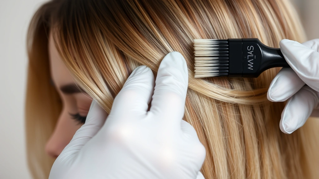 Close-up of hands applying dark hair dye to sectioned blonde hair with applicator brush, showing proper technique on roots near scalp with protective gloves